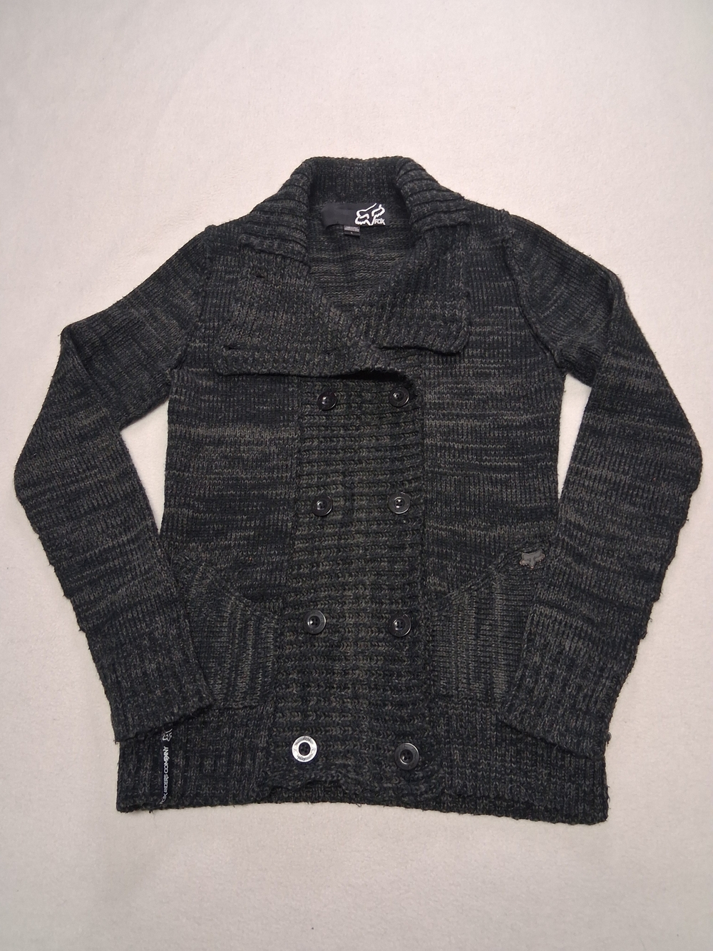 Fox Dark Charcoal Double-Breasted Shawl Collar Cardigan